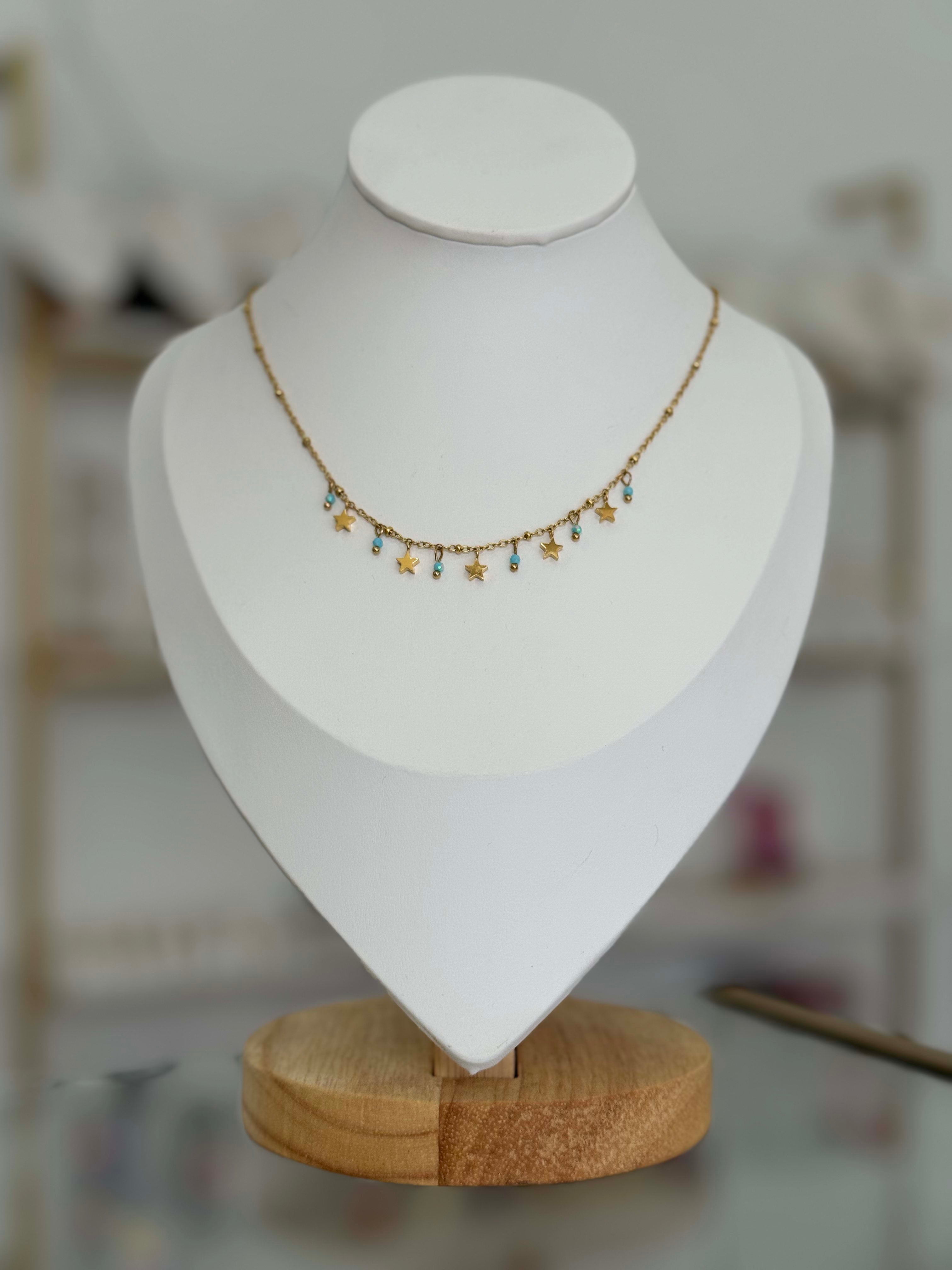 Collar dijes estrellitas y cristal color turquesa - collares Mundo Chic