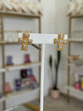 Aretes Cruz 5 Zirconias Dorados Elegantes Acero Mujer - aretes Mundo Chic